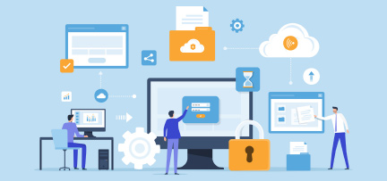 Illustration depicting a digital workspace with people interacting with various cloud computing and data security elements. Key components include a desktop computer, cloud icons, a lock symbol, gears, and data files, highlighting themes of data management, security, and collaboration.