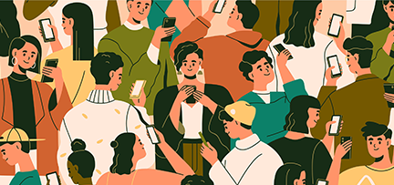 Illustration of a diverse crowd of people using smartphones, showcasing various poses and interactions with devices. The scene uses warm colors like orange, green, and beige, emphasizing connectivity and social engagement in a modern digital environment. 