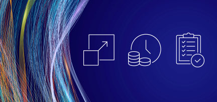Abstract digital graphic with three white line icons on a dark blue background, representing scalability, time and cost efficiency, and task completion.